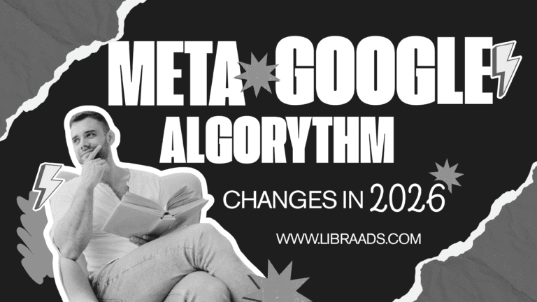 Google and Meta Algorithm Changes in 2026 blog cover featuring bold typography, a thoughtful reader, and modern graphic elements highlighting digital marketing, SEO updates, and affiliate marketing trends.